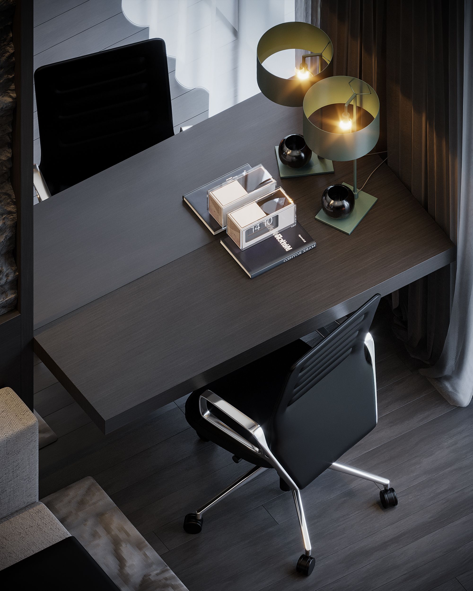 Stylish modern office setup with sleek desk, contemporary chair, and ambient lighting.